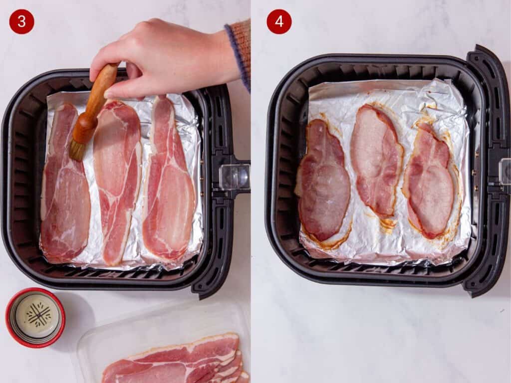 2 step by step photos, the first with slices of bacon being brushed with oil and the second with foil placed in the airfryer tray and the bacon partly cooked..
