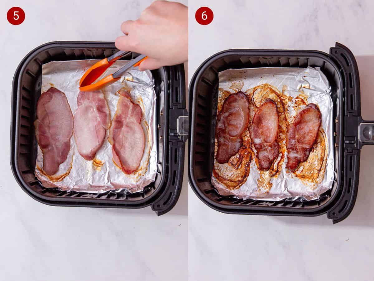 2 step by step photos, the first with slices of bacon turned over with tongs and the second with foil placed in the airfryer tray and the bacon browned and cooked.