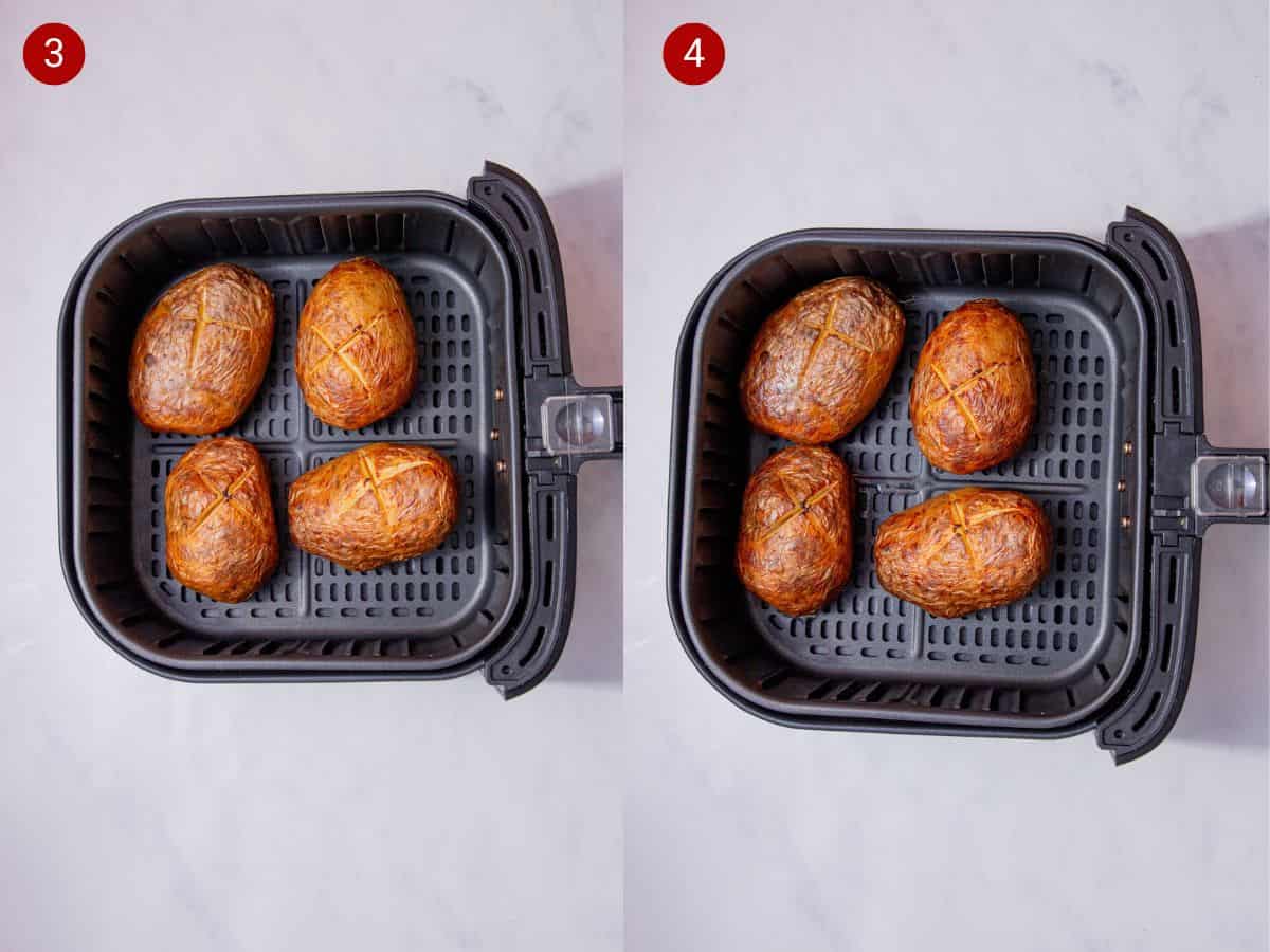2 step by step photos, the first with 4 cooked jacket potatoes and the second with the jacket potatoes cooked more.