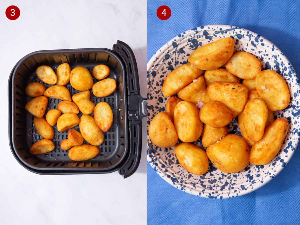 2 step by step photos, the first with roasted potatoes in the airfryer tray and the second with the potatoes in a bowl.