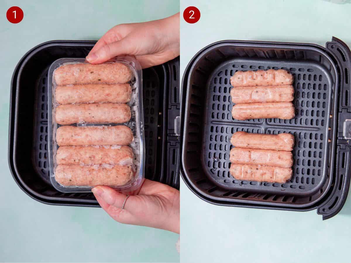 2 step by step photos, the first with frozen sausages in their plastic container, held over an airfryer tray and the second  with the 6 sausages placed in the tray.