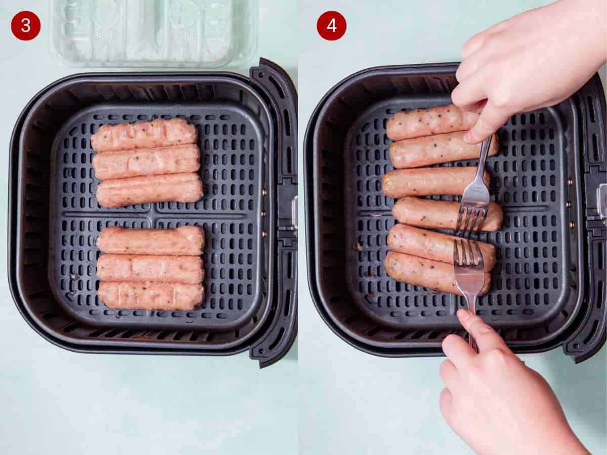 2 step by step photos, the first with frozen sausages in the airfryer tray and the second with the 6 sausages being separated with a fork.