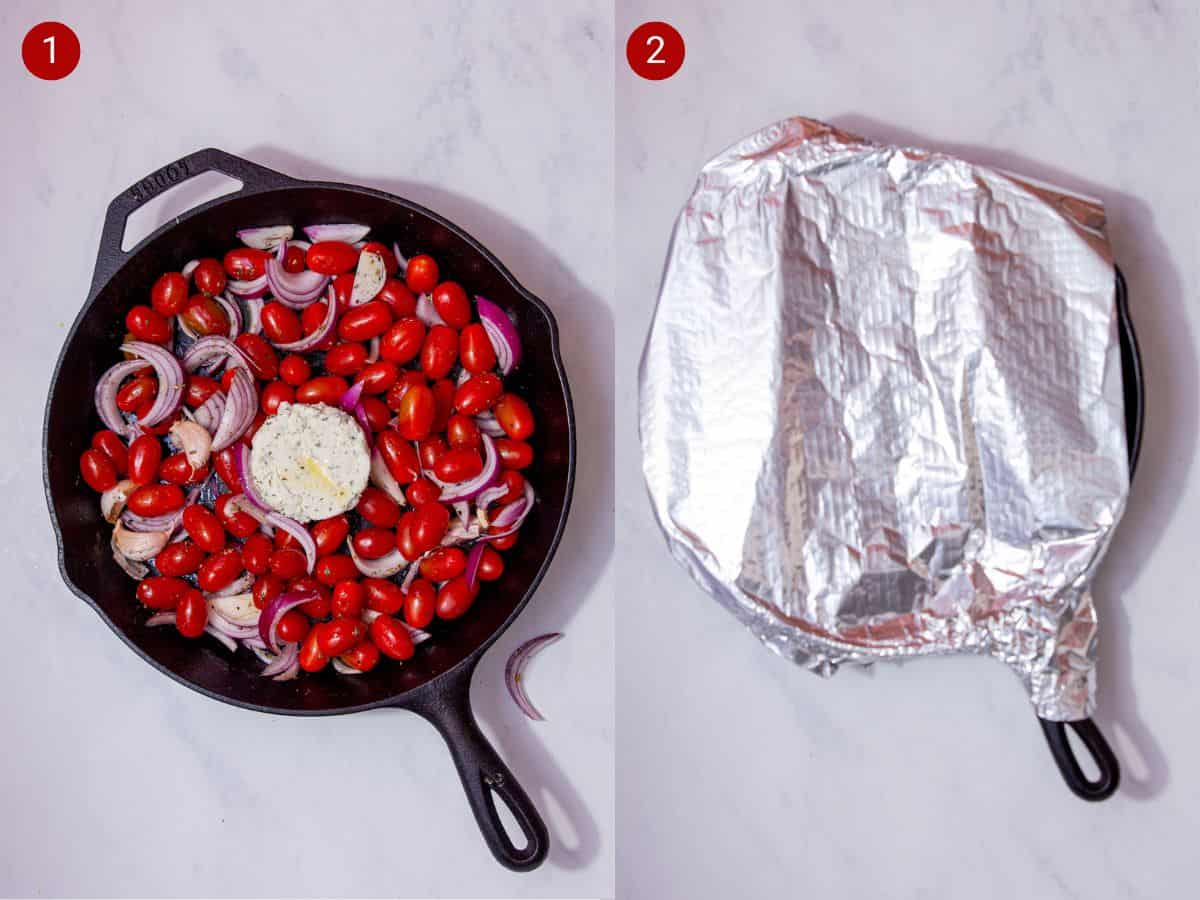 2 step by step photos, the first with a skillet pan with cherry tomatoes, red onion and a round soft cheese in the centre and the second with the pan covered in foil.