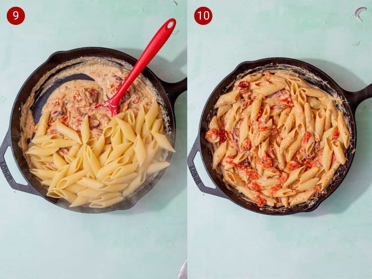 2 step by step photos, the first with a skillet pan with a cheesy sauce and pasta being mixed with a red spoon and the second the creamy pasta mixed together in the pan.