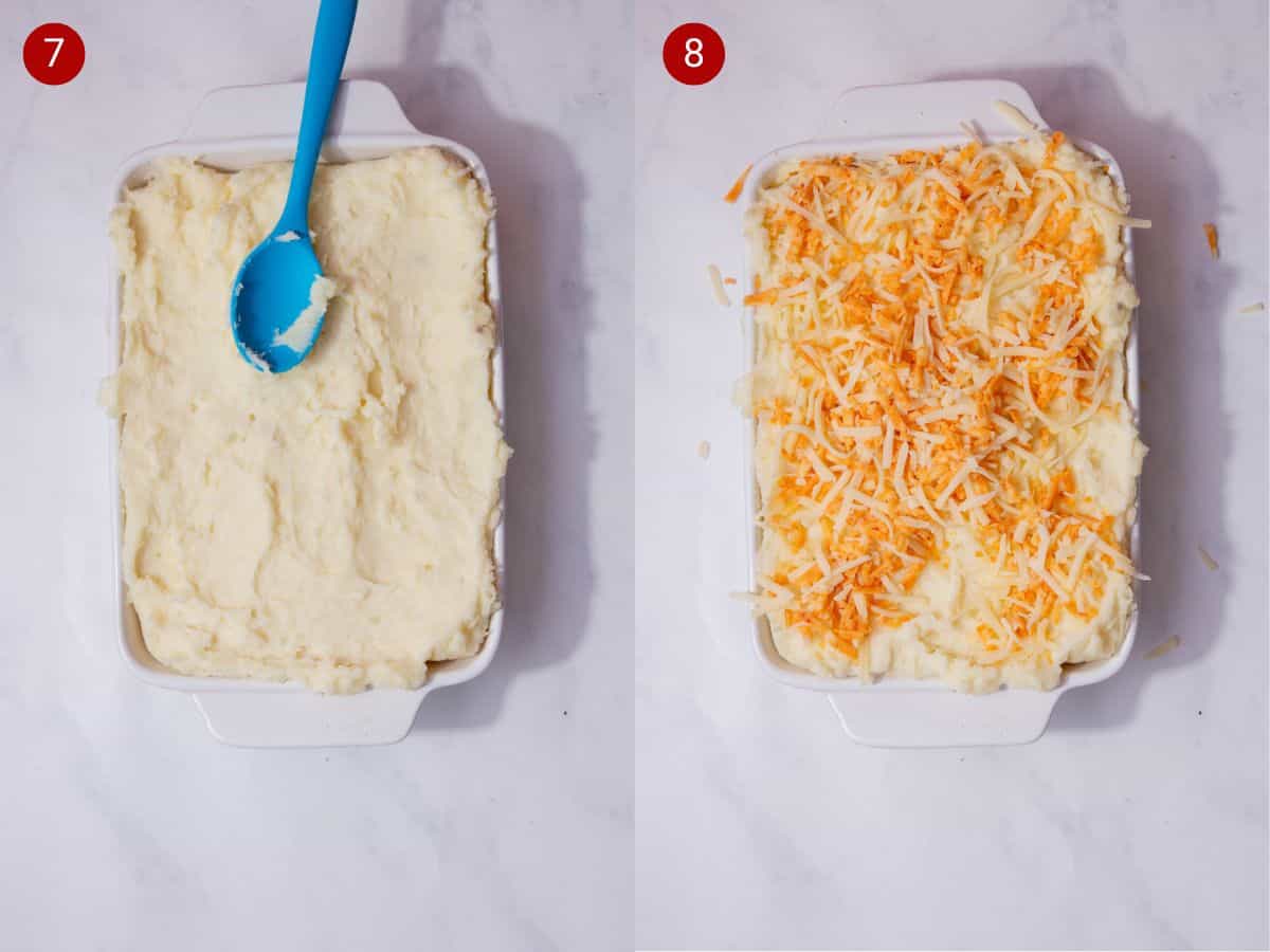 2 step by step photos, the first with smooth potatoes in a large white baking tray and the second with yellow coloured grated cheese added to the rectangular white tray with the mash.