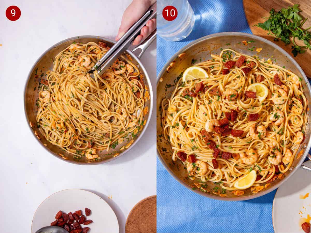 2 step by step photos, the first with fried chorizo pieces, cooked prawns and linguine in a large pan and the second the spaghetti,  topped with chorizo and lemon wedges on a blue background.