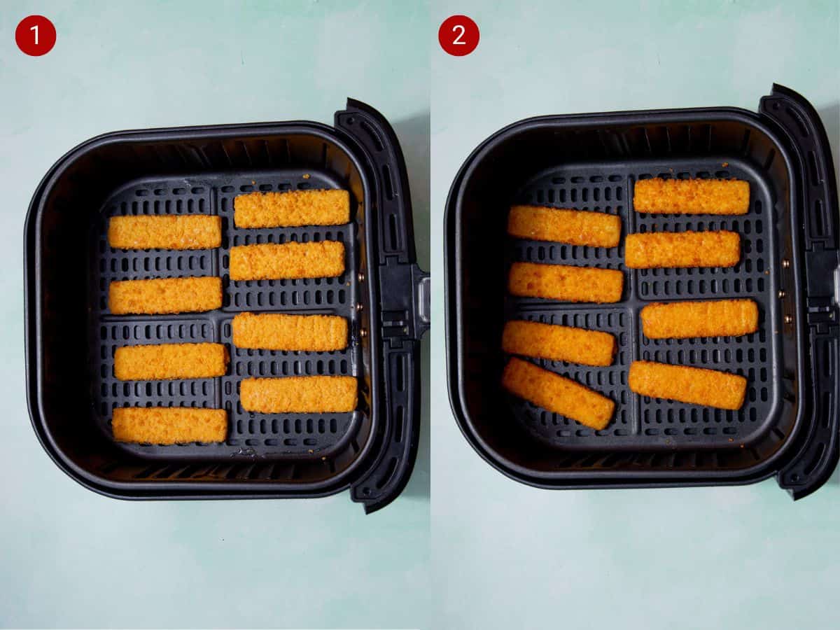 2 step by step photos, the first with 8 fish fingers in an airfryer tray and the second with golden browned fish fingers in the tray.