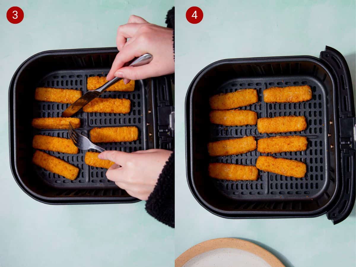 2 step by step photos, the first with 8 cooked fish fingers in an airfryer tray being rotated with a knife and fork and the second with golden browned fish fingers in the tray.