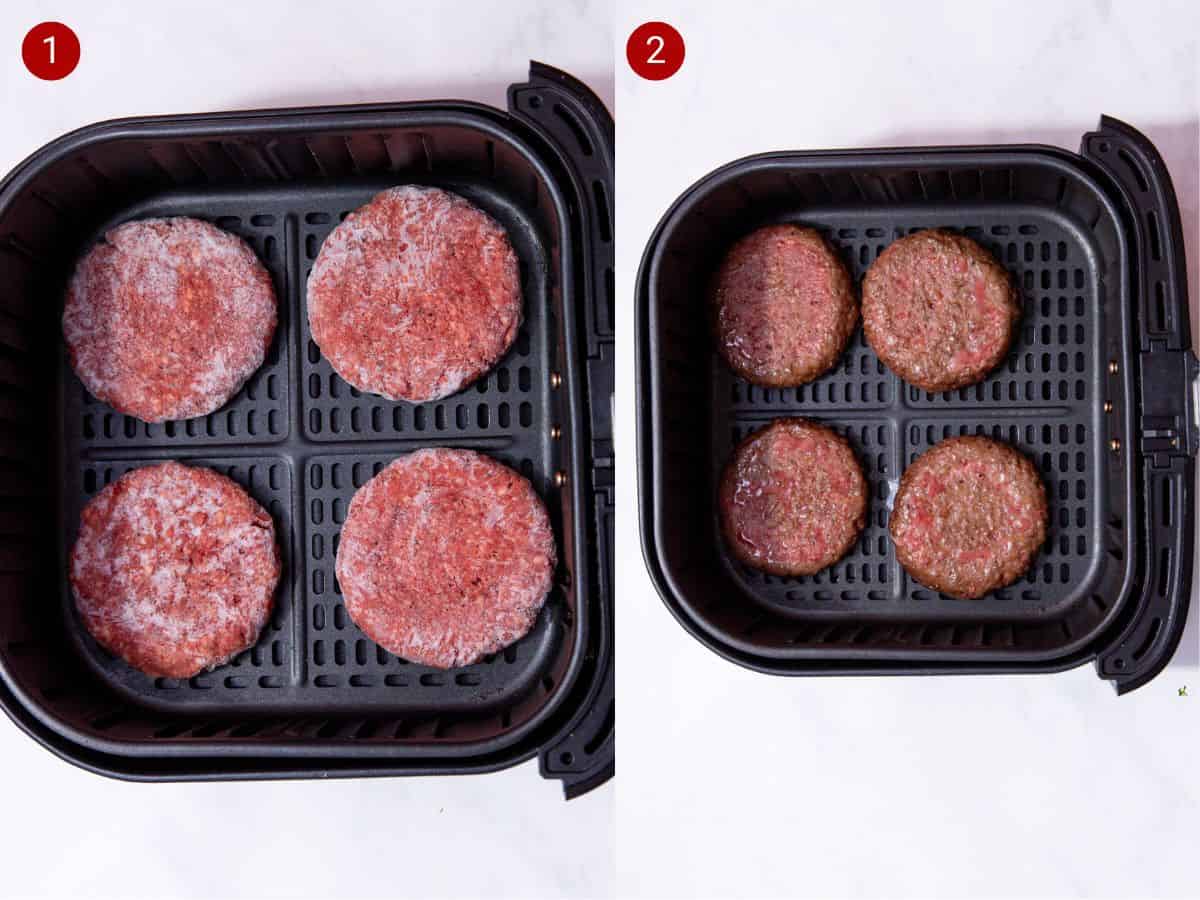 2 step by step photos, the first with 4 frozen burgers in an airfryer tray and the second with the burgers partly cooked in the tray.