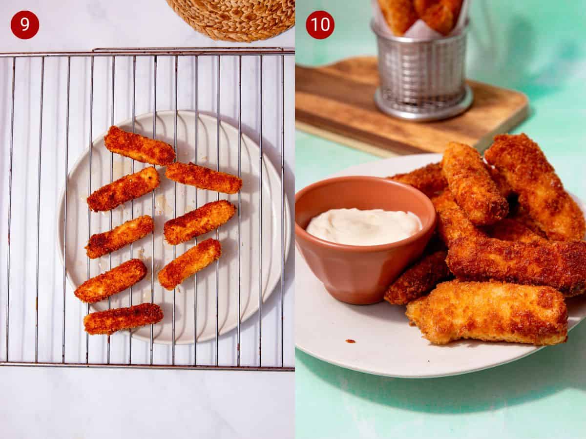 2 step by step photos, the first with golden browned halloumi fries on a metal rack  and the second withthe fries on a plate with mayonnaise in a small bowl and some fried in partial view in a metal container behind.