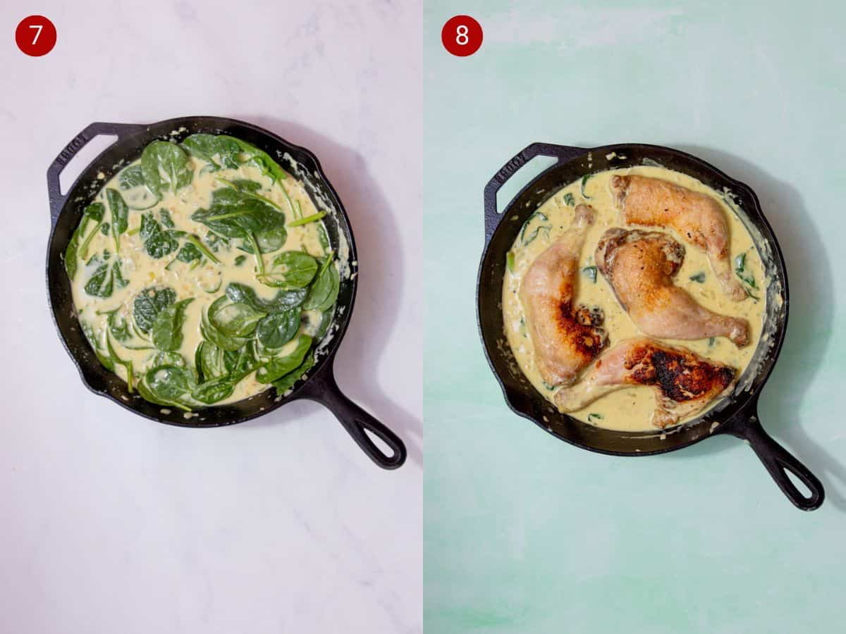 2 step by step photos, the first with spinach in a creamy sauce in a skillet pan and the second with 4chicken legs partly submerged in the sauce.
