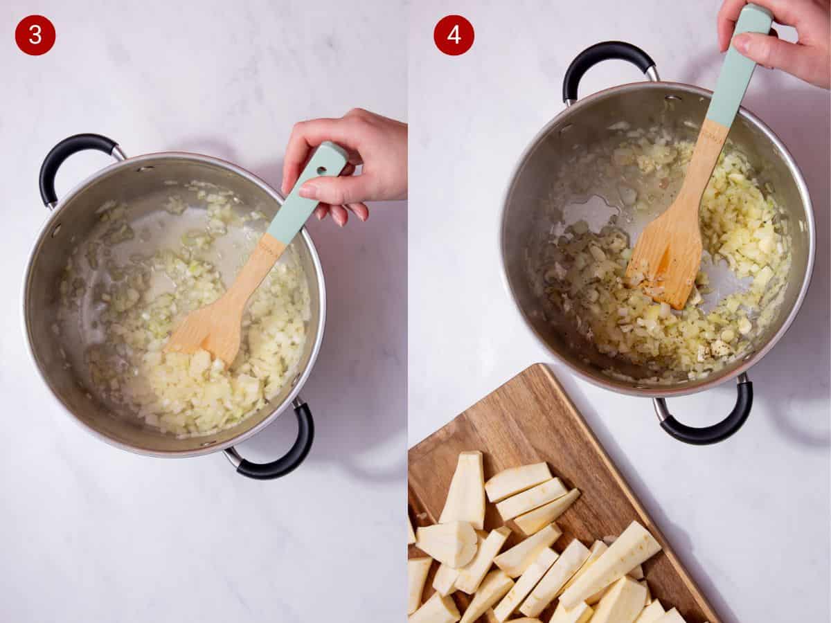 2 step by step photos, the first with finely sliced onions in a large saucepan and the second with  the onions fried and seasoned next to a chopping board with sliced parsnips.
