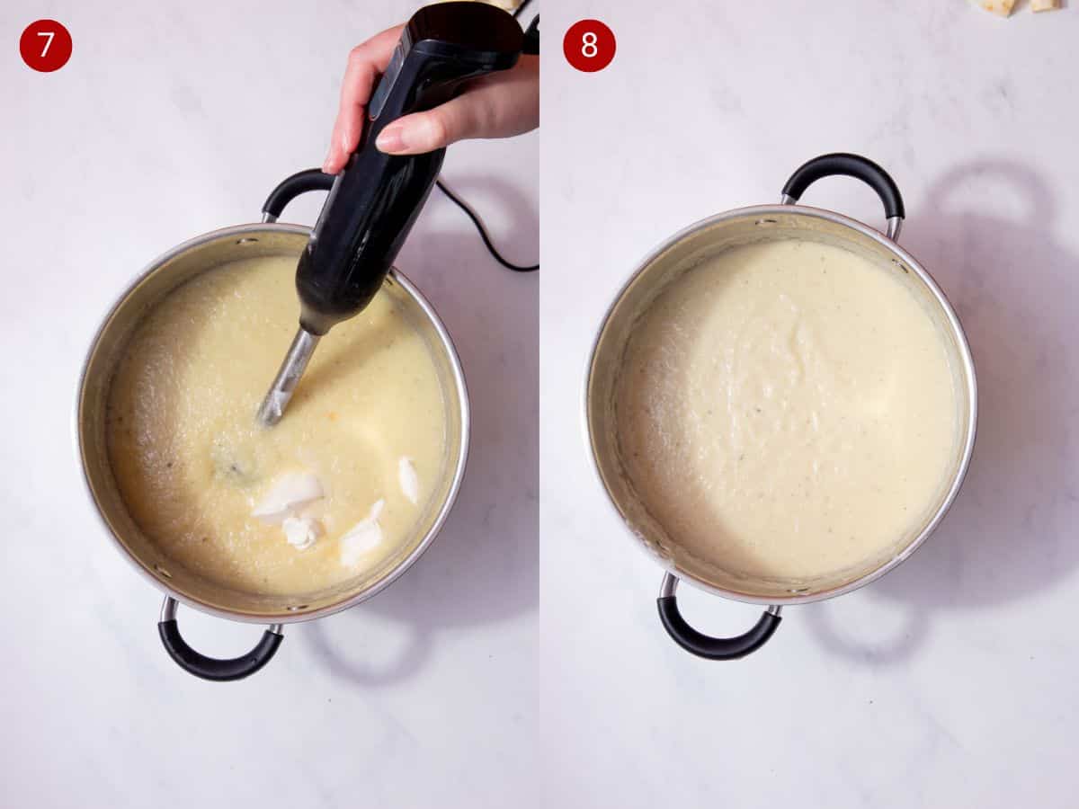 2 step by step photos, the first with parsnips blended with a hand blender in a large saucepan and the second with the parsnips soup ready in the saucepan.