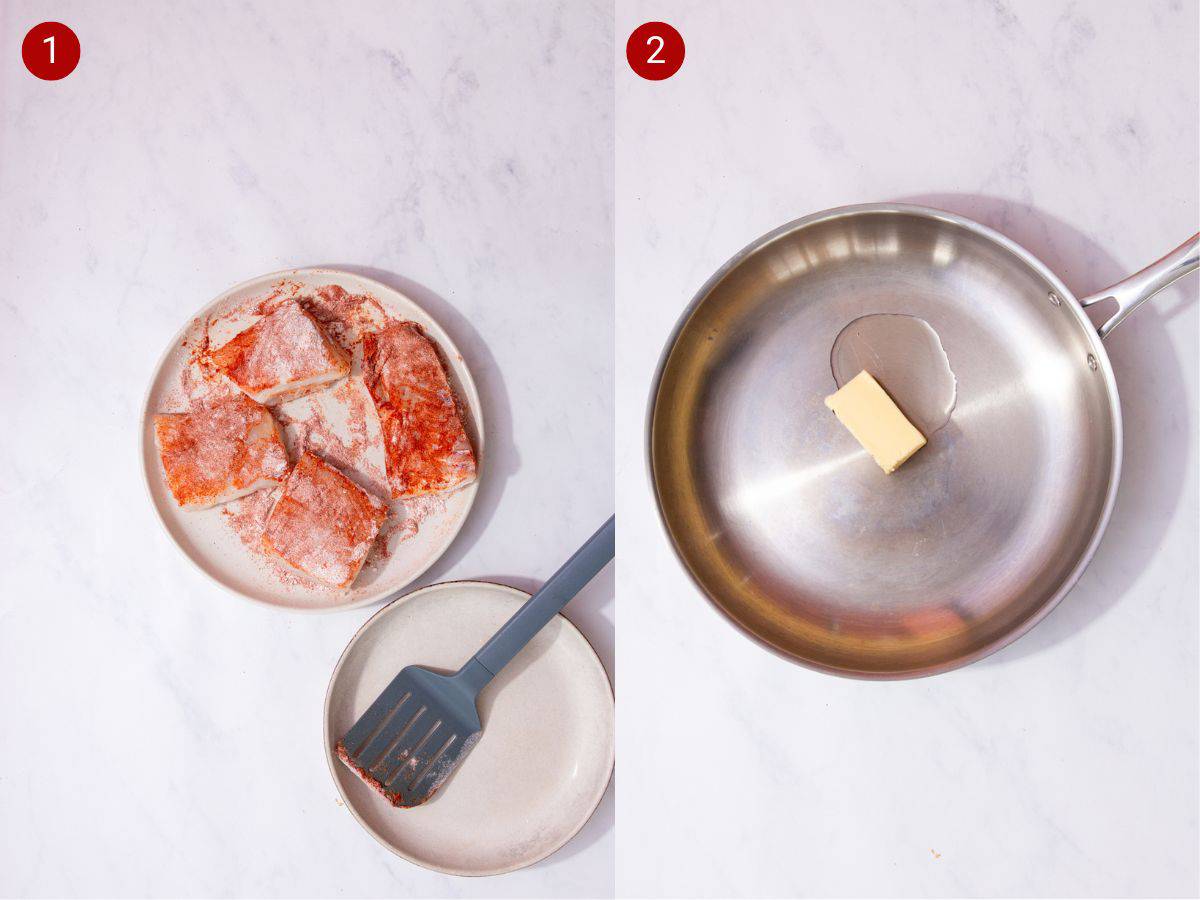 2 step by step photos, the first with 4 pieces of fish covered in flour and spices and the second with a rectangular piece of butter in a large stainless steel pan.
