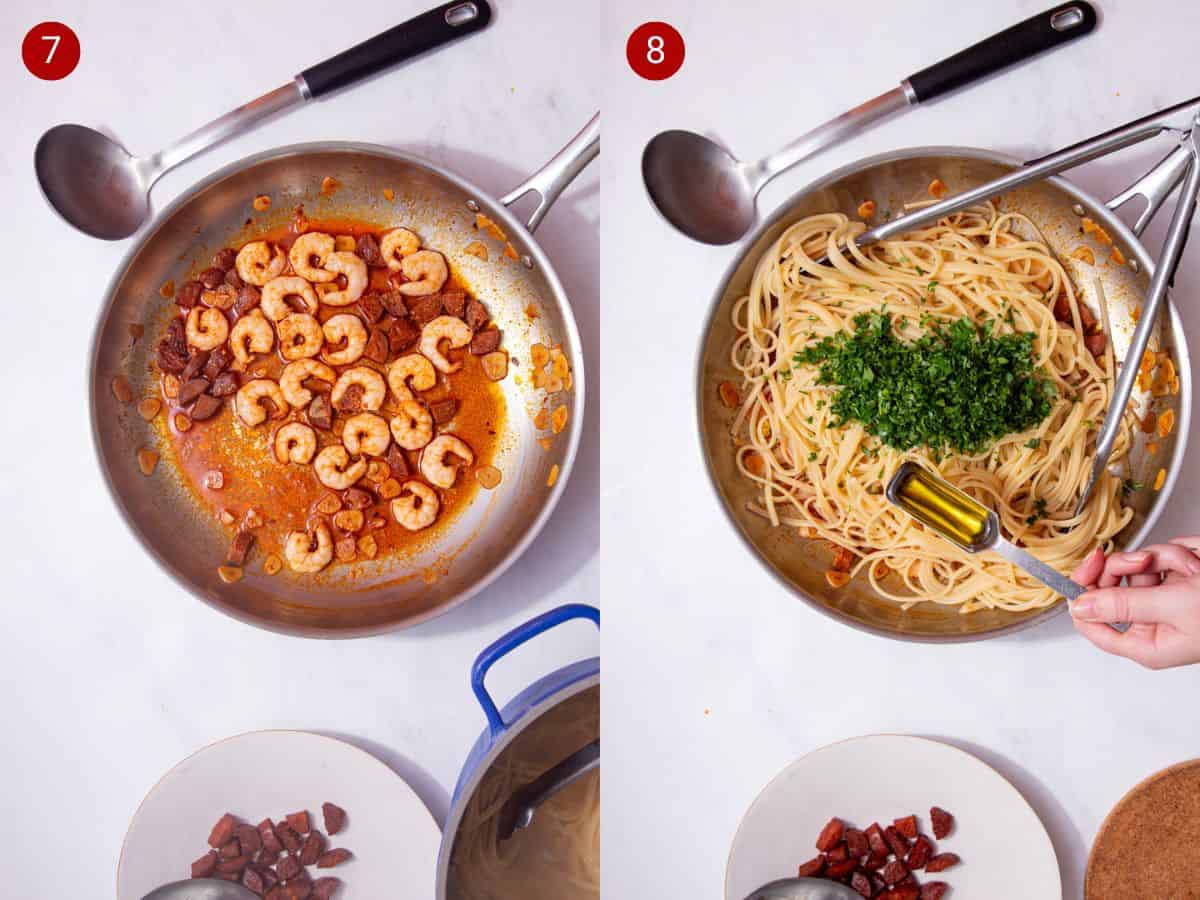 2 step by step photos, the first with fried chorizo pieces, cooked prawns and paprika in a large pan and the second spaghetti, parsley and olive oil in measuring spoon over the pan.