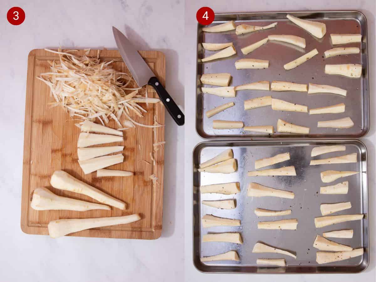 2 step by step photos, the first with peeled and sliced parsnips on a chopping board and the second with pieces of parsnips spread over 2 baking trays.