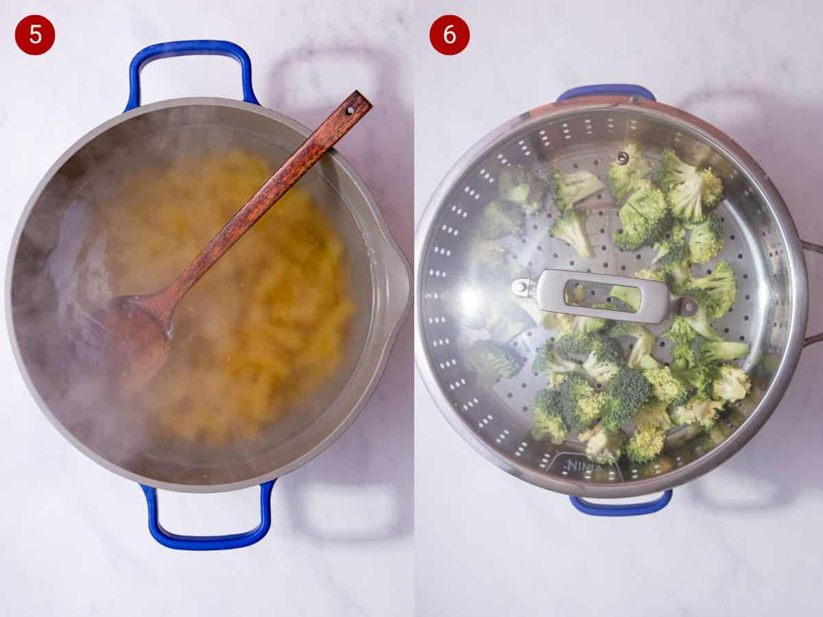 2 step by step photos, the first with a saucepan of water with pasta and a wooden spoon and the second withbroccoli florets in a steamer.