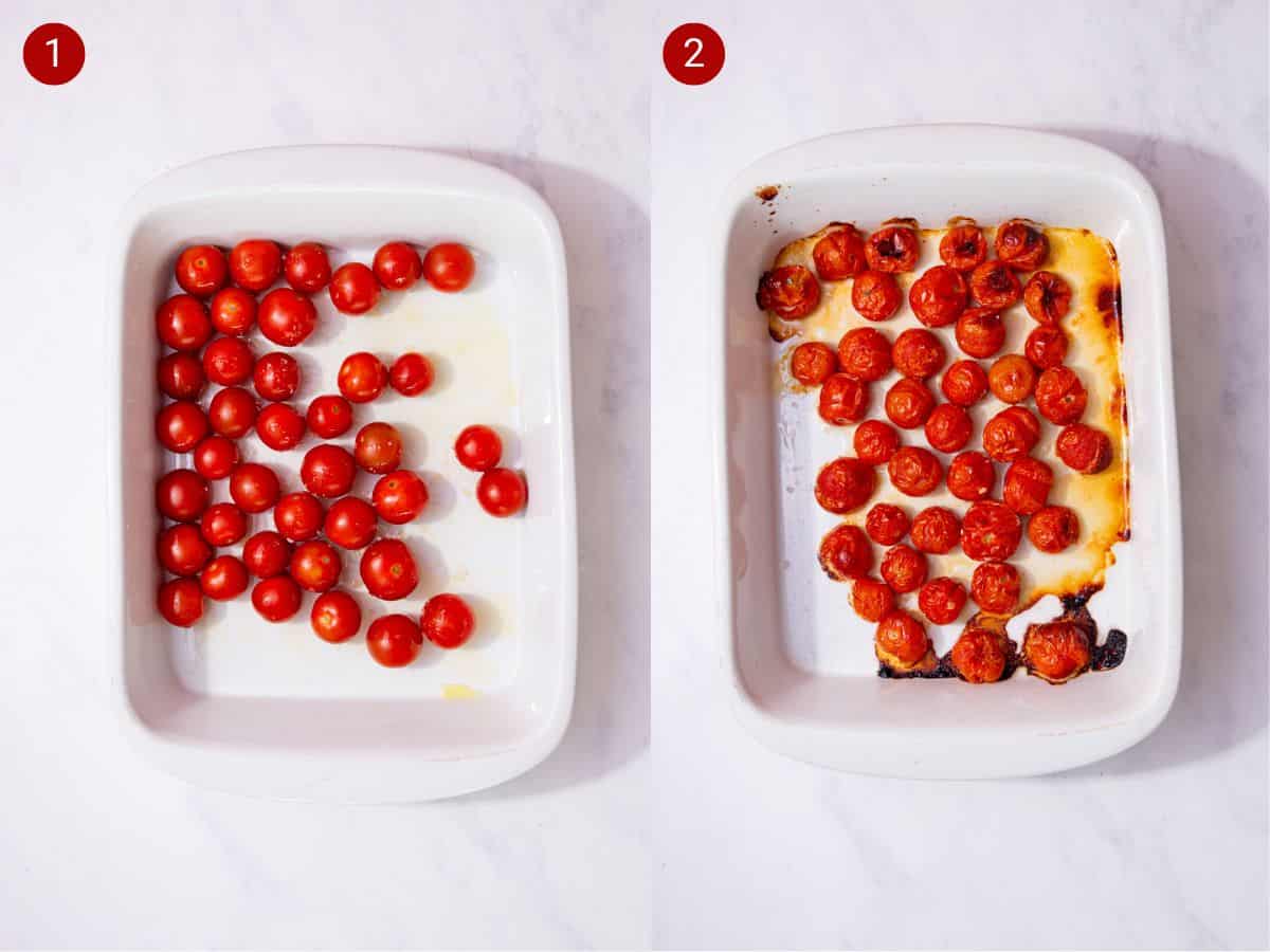 2 step by step photos, the first with cherry tomatoes in a white baking dish and the second with the cherry tomatoes roasted.