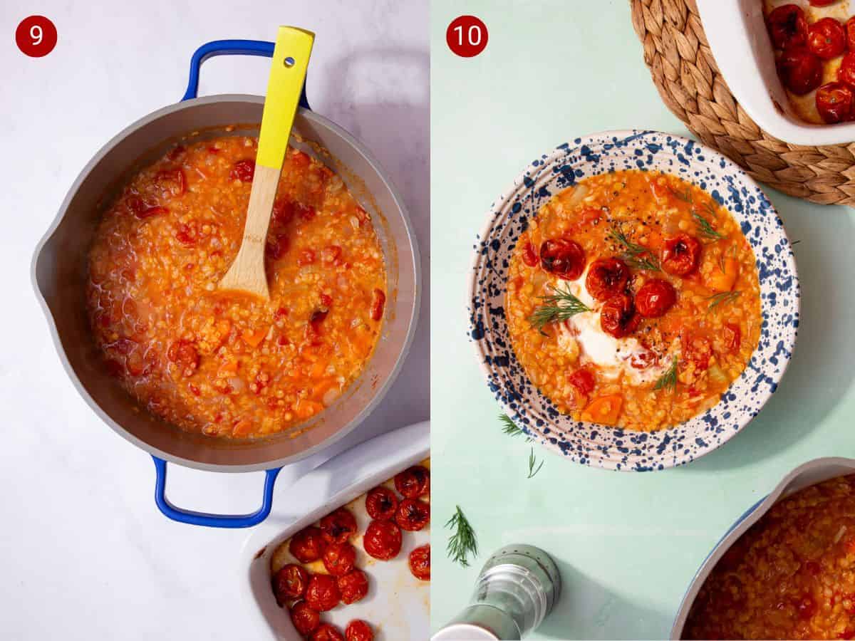 2 step by step photos, the first with cooked red lentil soup in the saucepan with a wooden spoon and the second with the soup served in a bowl with roasted cherry tomatoes and a dollop of cream.