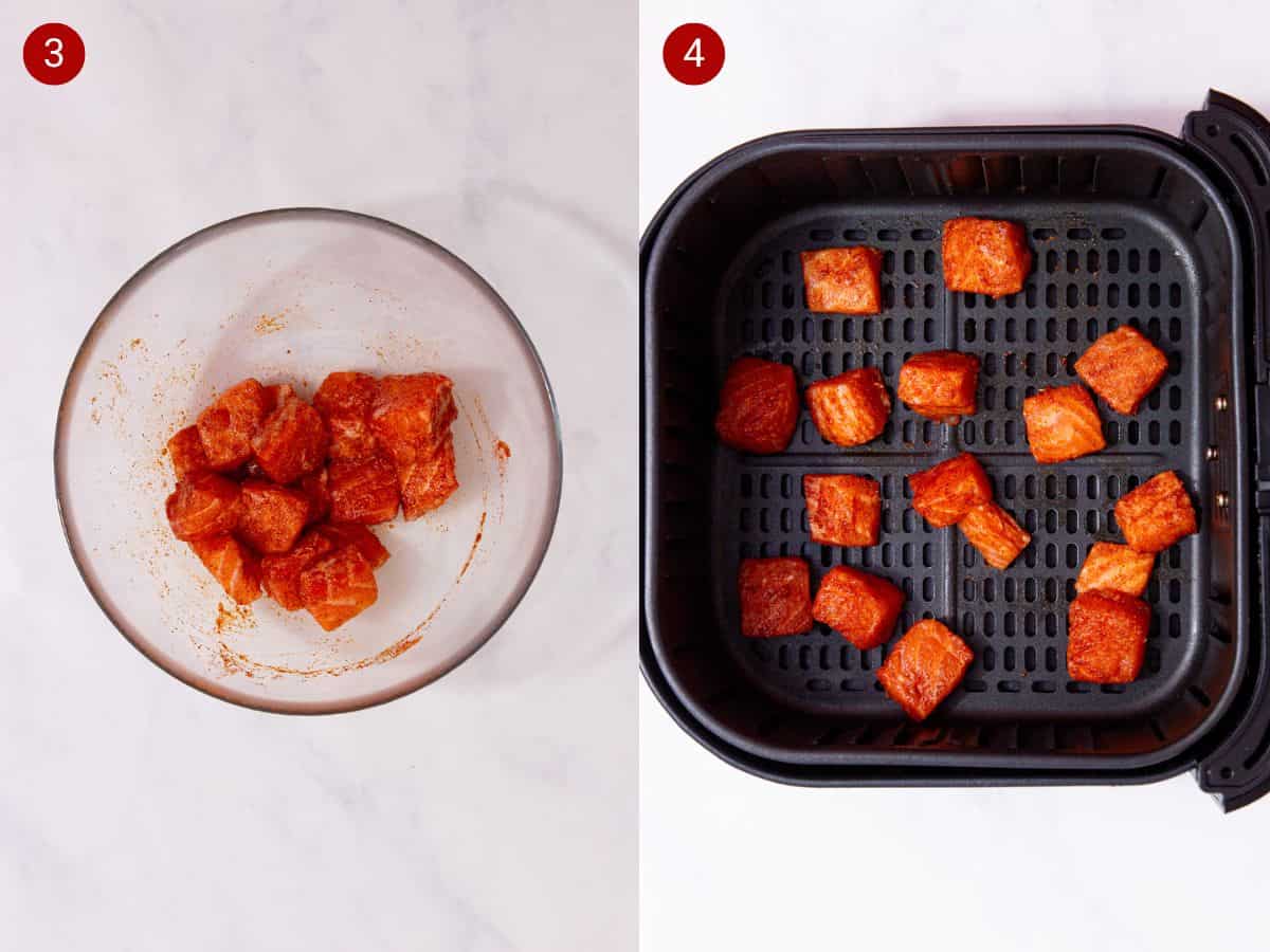 2 step by step photos, the first with pieces of salmon in a glass bowl with seasoning and the second with pieces of salmon spread out into an airfryer tray.