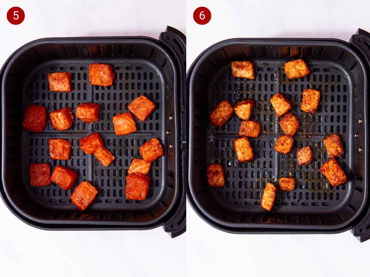 2 step by step photos, the first with pieces of salmon in an airfryer tray with seasoning and the second with browned and cooked pieces of salmon in the tray.