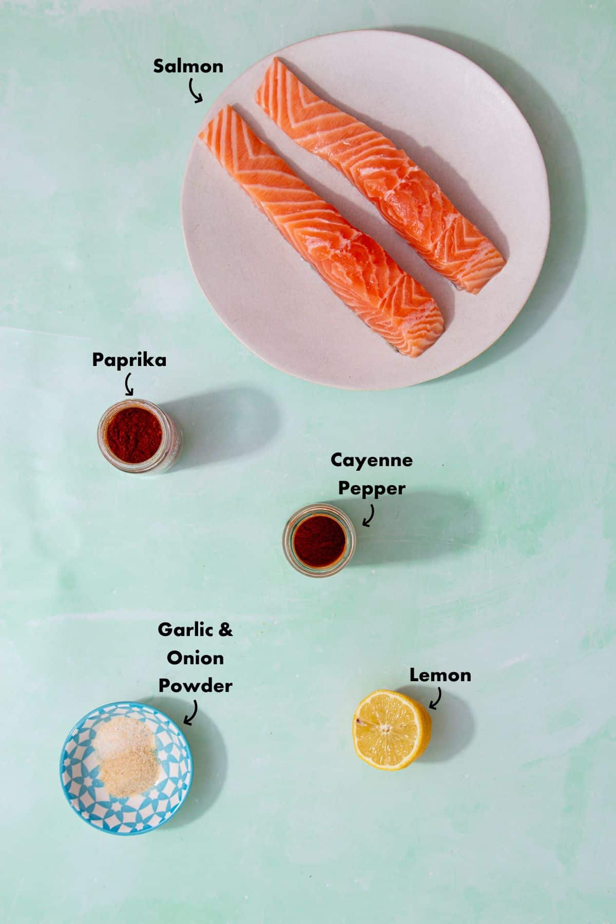 A pieces of raw salmon on a white plate with other ingredients laid out on a pale blue background and labelled.