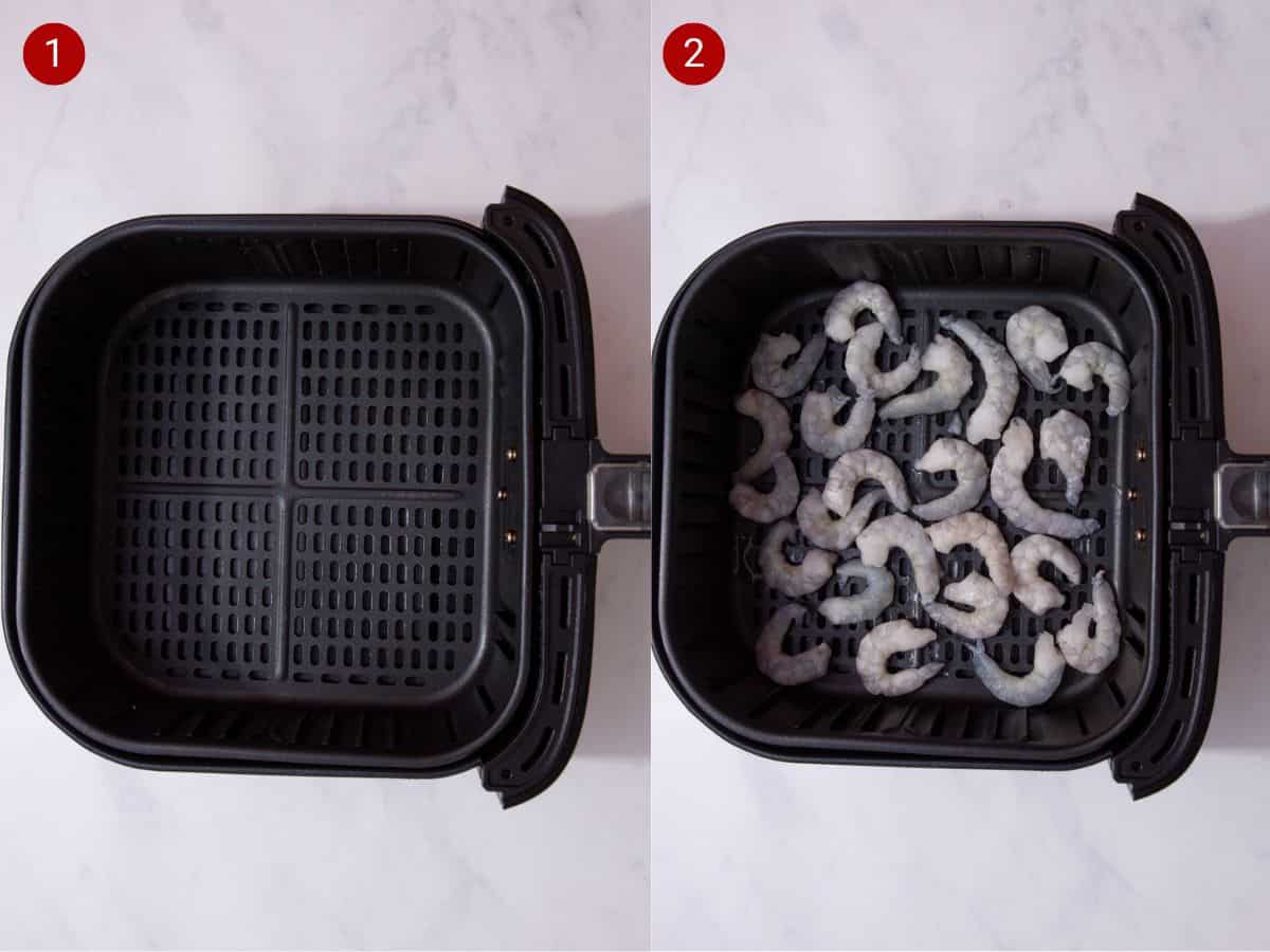 2 step by step photos, the first an empty airfryer tray and the second with raw king prawns added to basket.