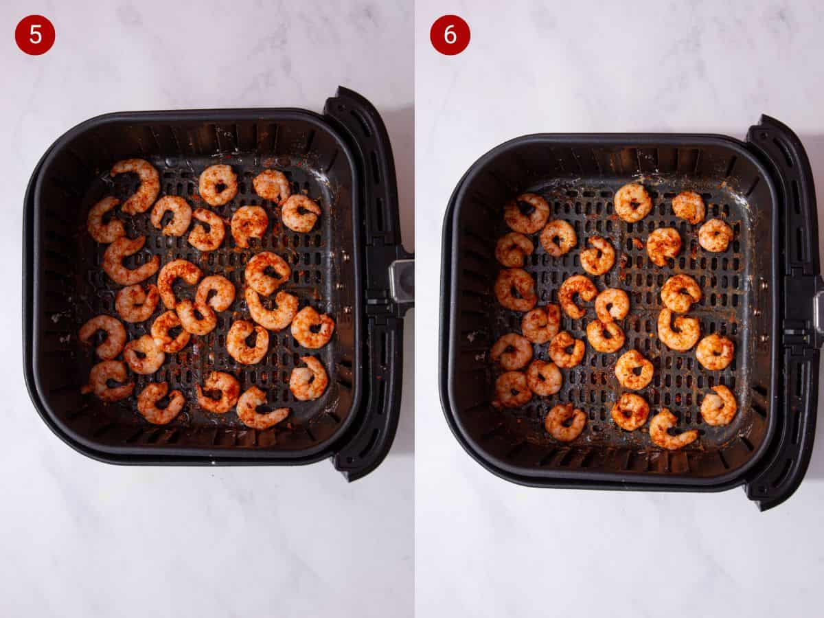 2 step by step photos, the first with cooked seasoned king prawns in an airfryer tray and the second with the prawns cooked.