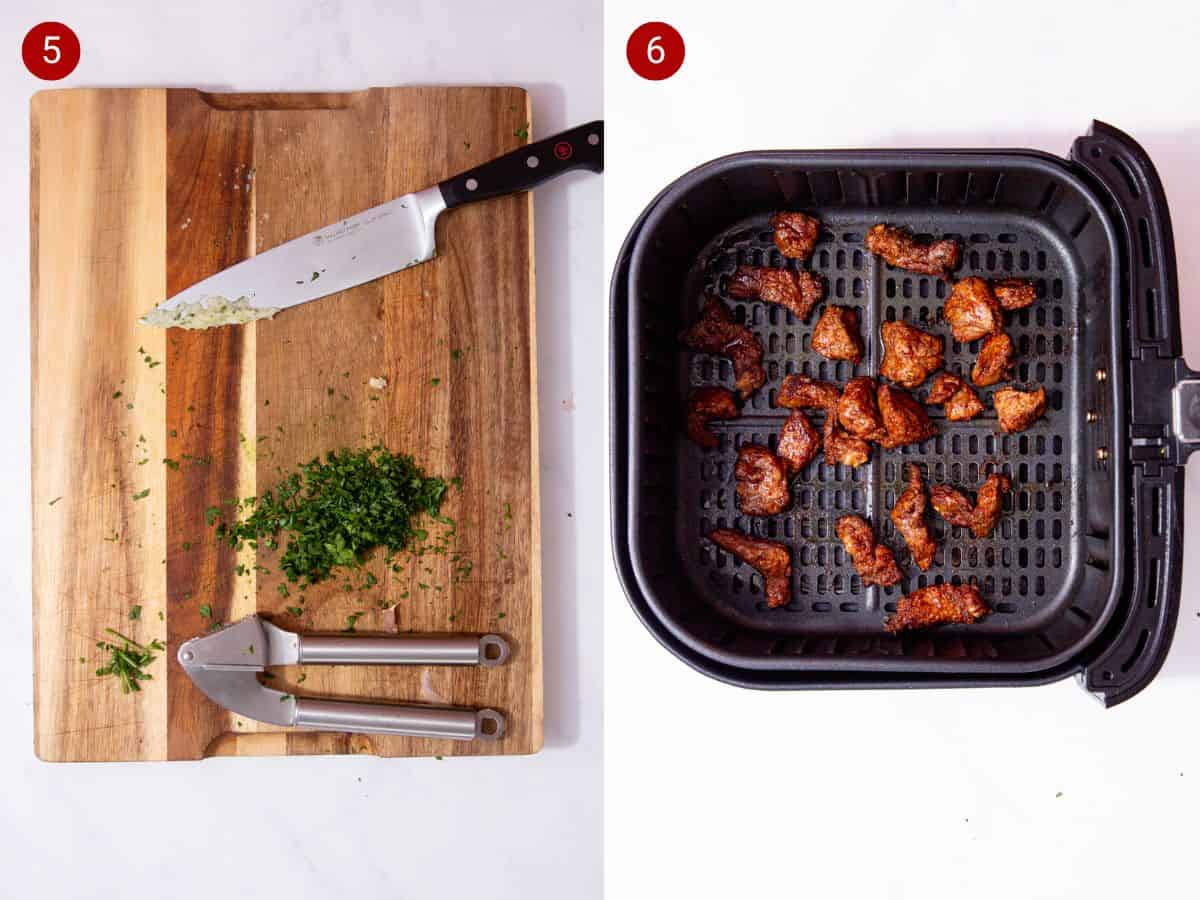 2 step by step photos, the first with an a chopping board with chopped herbs and garlic paste on a knife and the second with pieces of steak browned in the airfryer tray.