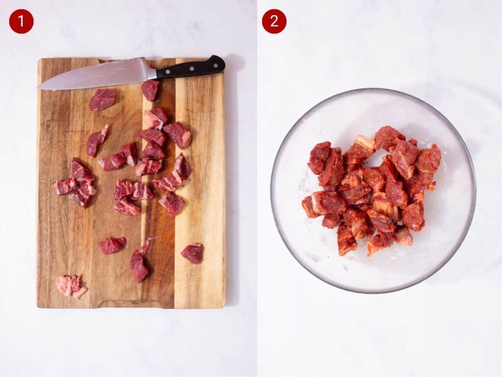 2 step by step photos, the first with pieces of steak cut onto the board and the second with pieces of steak in a bowl with seasoning.