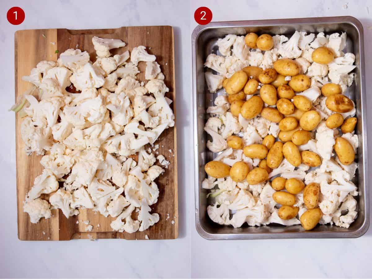 2 step by step photos, the first with cauliflower florets on a chopping board and the second with baby potatoes added with the florets to a baking tray.