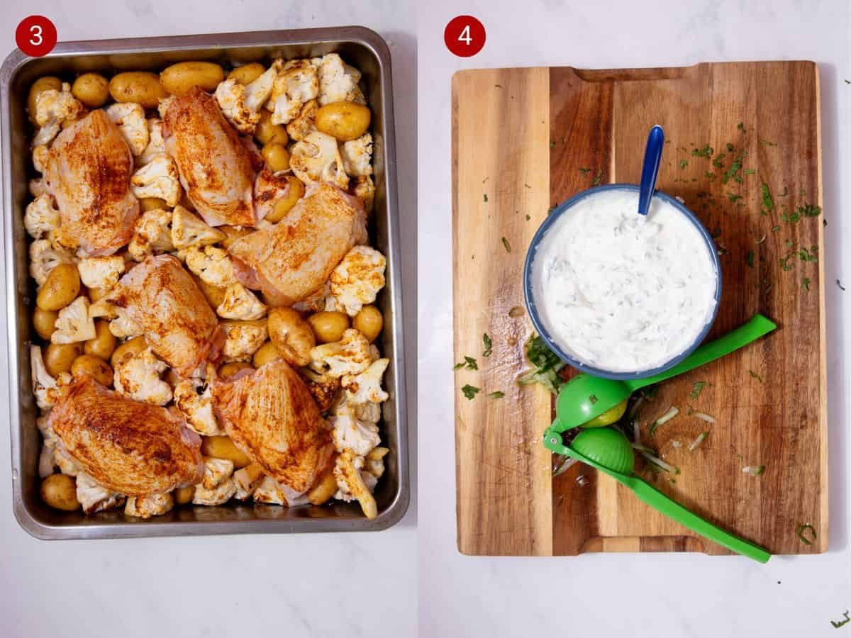 2 step by step photos, the first with cauliflower florets with baby potatoes  and chicken thighs in a baking tray and the second with a chopping board with a bowl of raita.