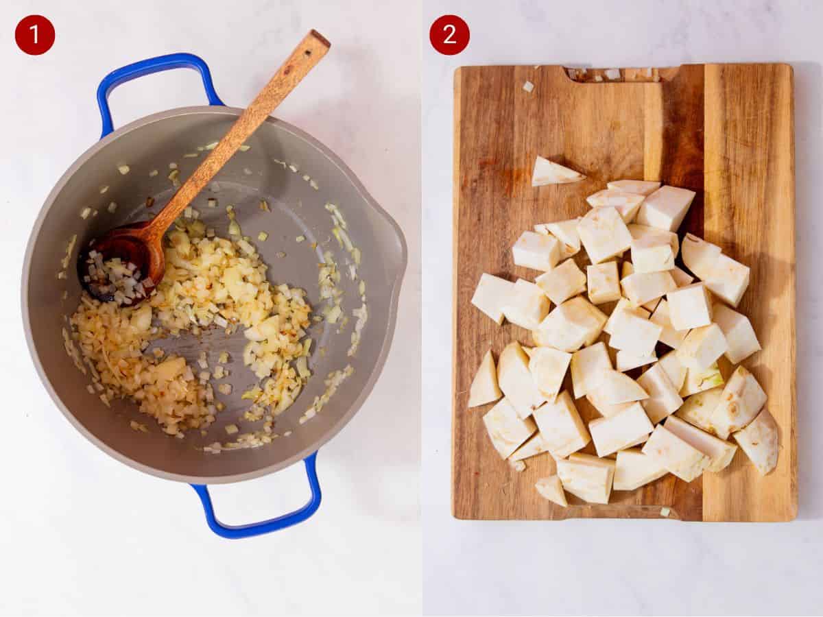 2 step by step photos, the first with finely sliced onions frying in a saucepan and the second with pieces of celeriac on a chopping board.