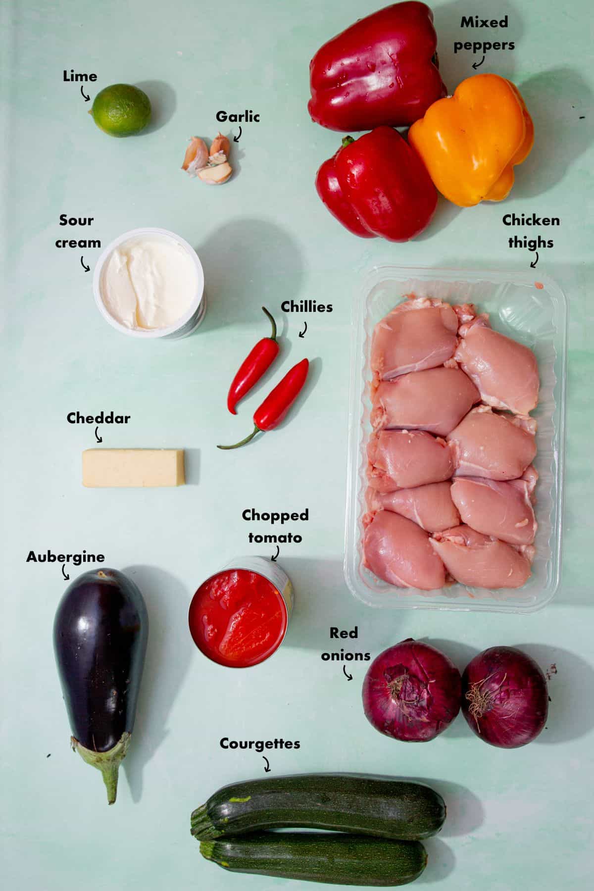 All the ingredients to make the chicken meal prep recipe, laid out on a pale blue background and labelled.