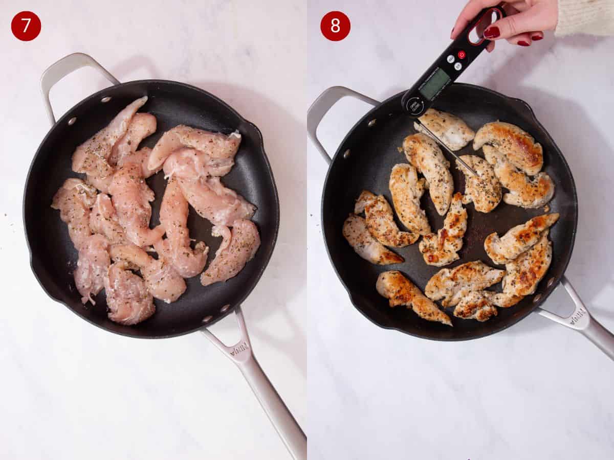 2 step by step photos, the first with seasoned chicken pieces in a frying pan and the second with pieces of chicken now golden browned.
