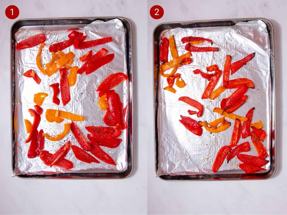 2 step by step photos, the first with sliced peppers on a foil lined tray and the second with peppers roasted.