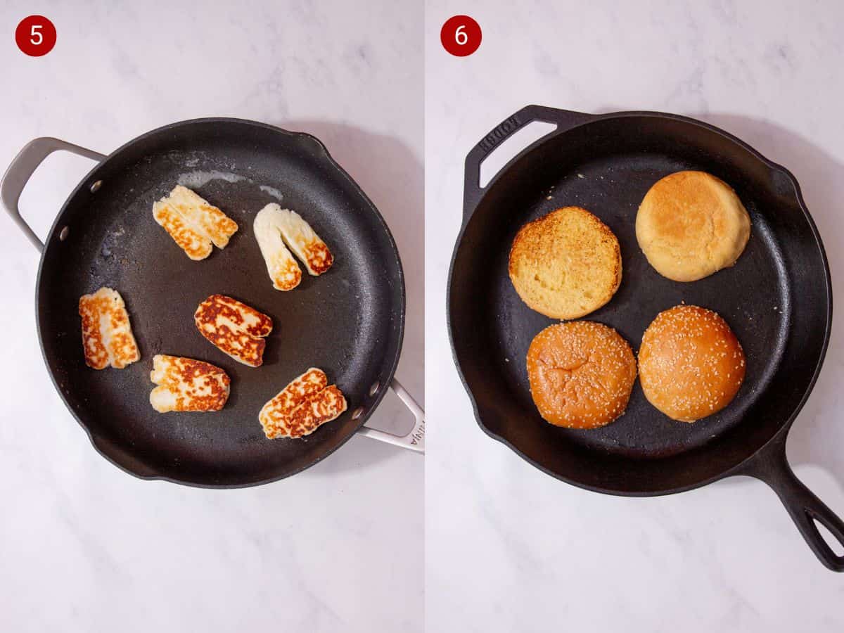 2 step by step photos, the first with slicedhalloumi frying in a pan and the second with 4 half buns being browned in the pan.