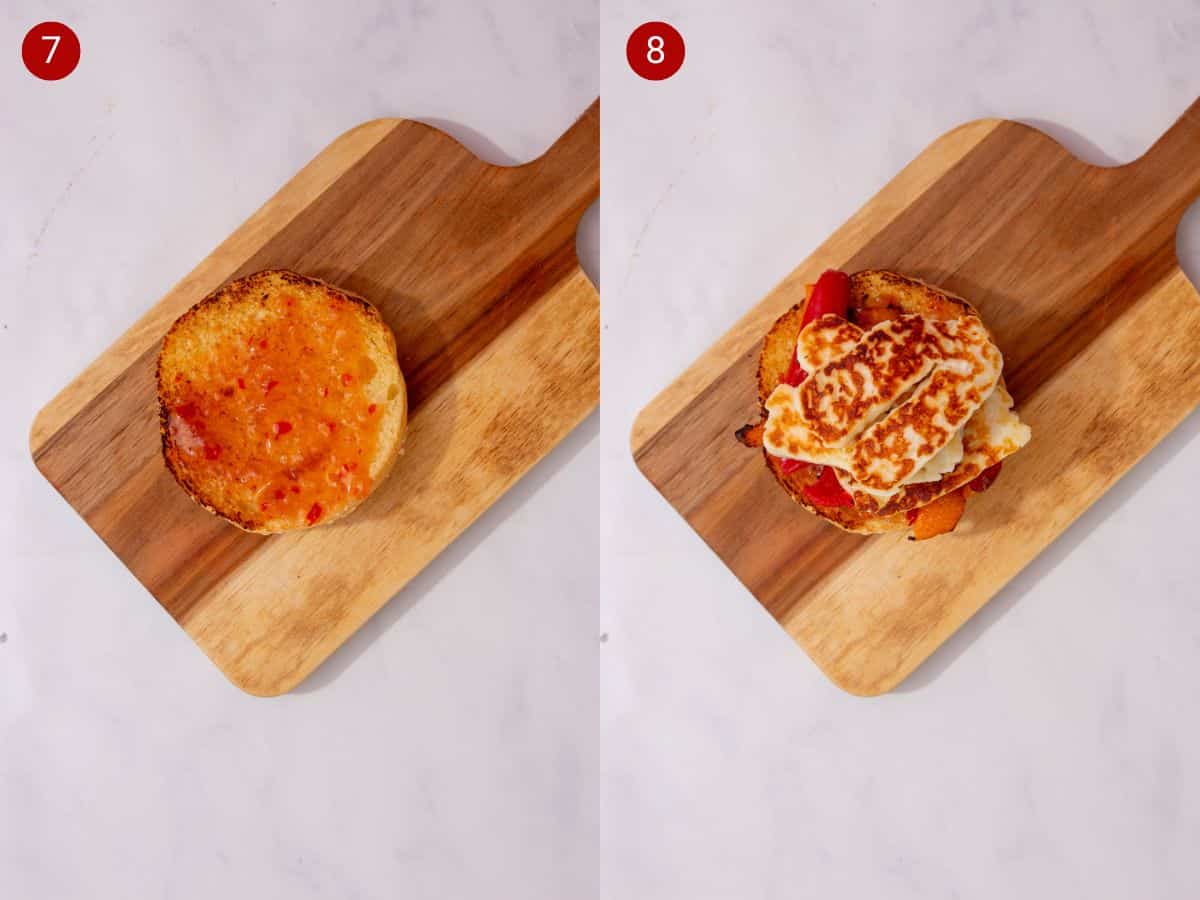 2 step by step photos, the first with half a toasted bun with sweet chilli sauce on chopping a board and the second with peppers and halloumi added.