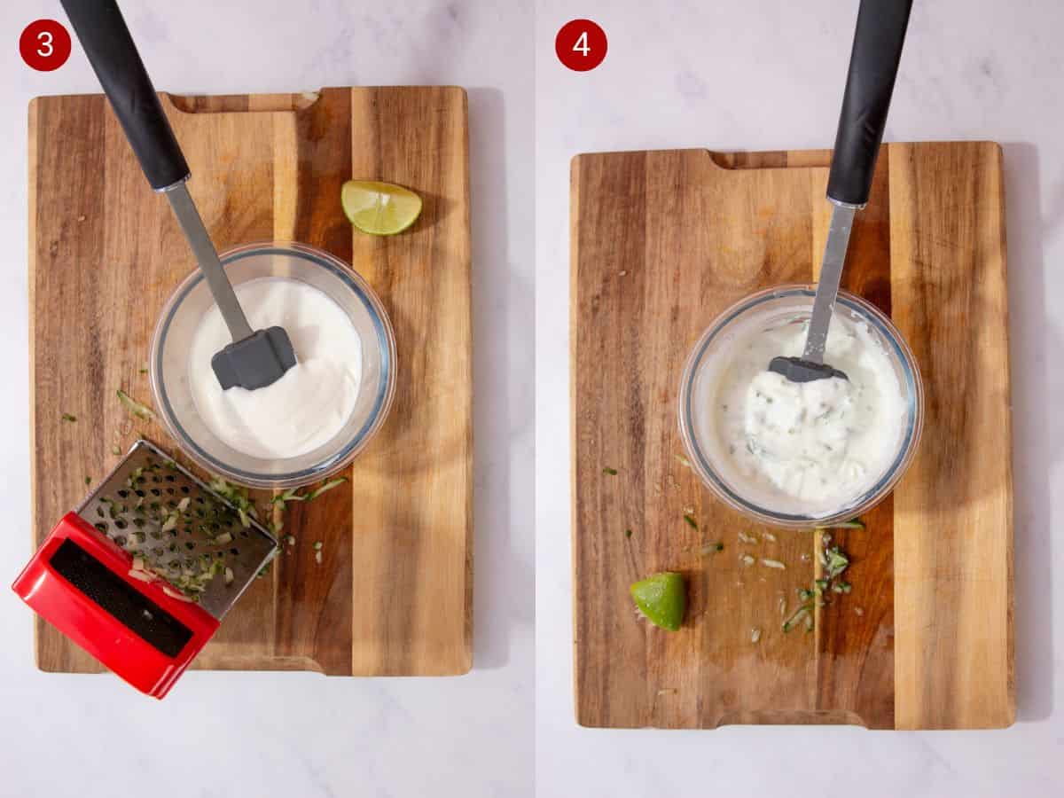 2 step by step photos, the first with a bowl of yogurt  with spatula and a grater on chopping a board and the second with the tzatziki mixed together.