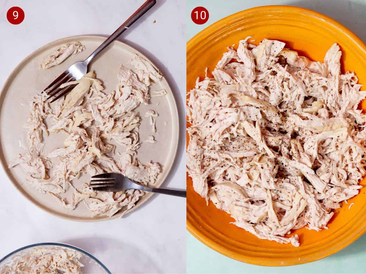 2 step by step photos, the first with chicken shredded with 2 forks and the second with a boiled, shredded chicken breast seasoned in a bowl.