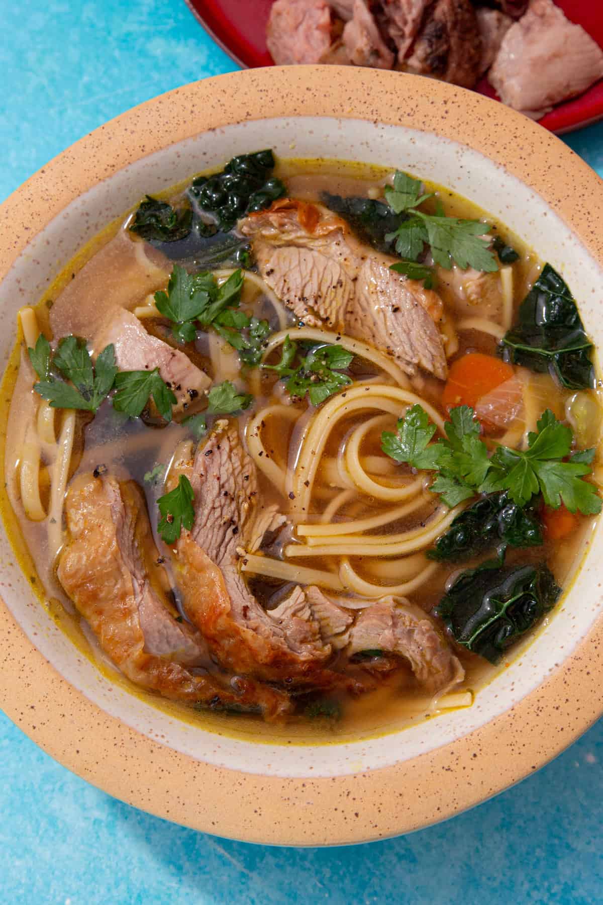 A bowl of soup with noodles, turkey, cavolo nero, carrot and some parsley with the turkey on a plate in partial view.