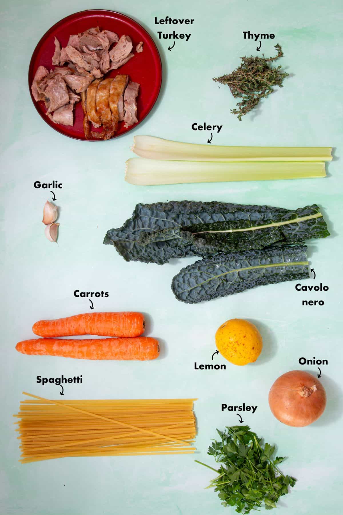 Ingredients to make the turkey noodle soup laid out on a pale blue background and labelled.