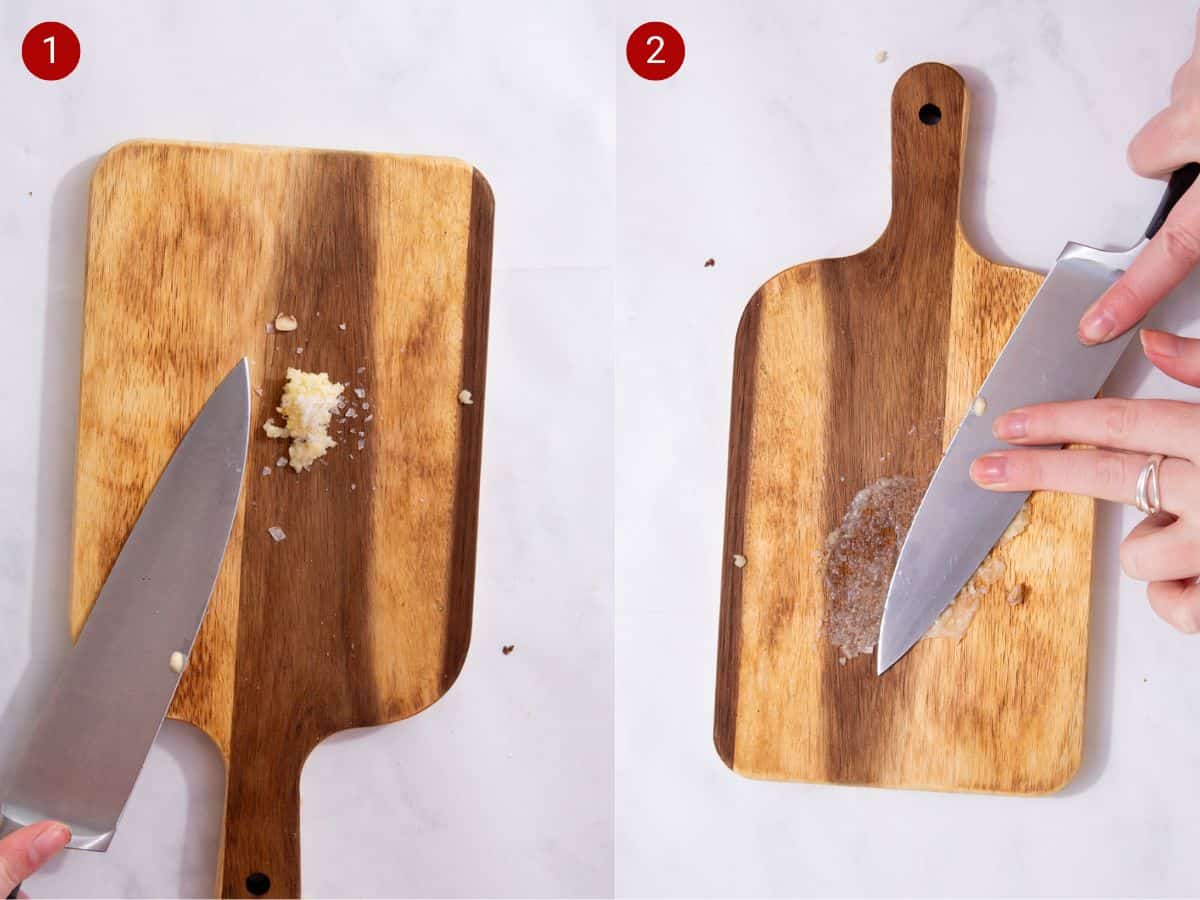 2 step by step photos, the first with chopped garlic on a chopping a board with a knife and the second with the garlic made into a paste with the knife.