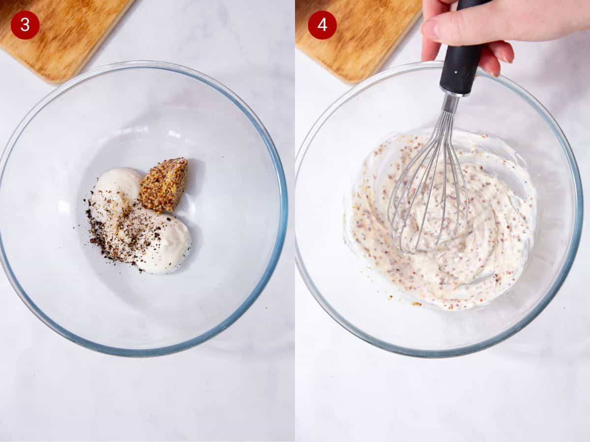 2 step by step photos, the first with mayonnaise, mustard and seasoning in a glass bowl and the second with a whisk and partial view of hand mixing the dressing together.