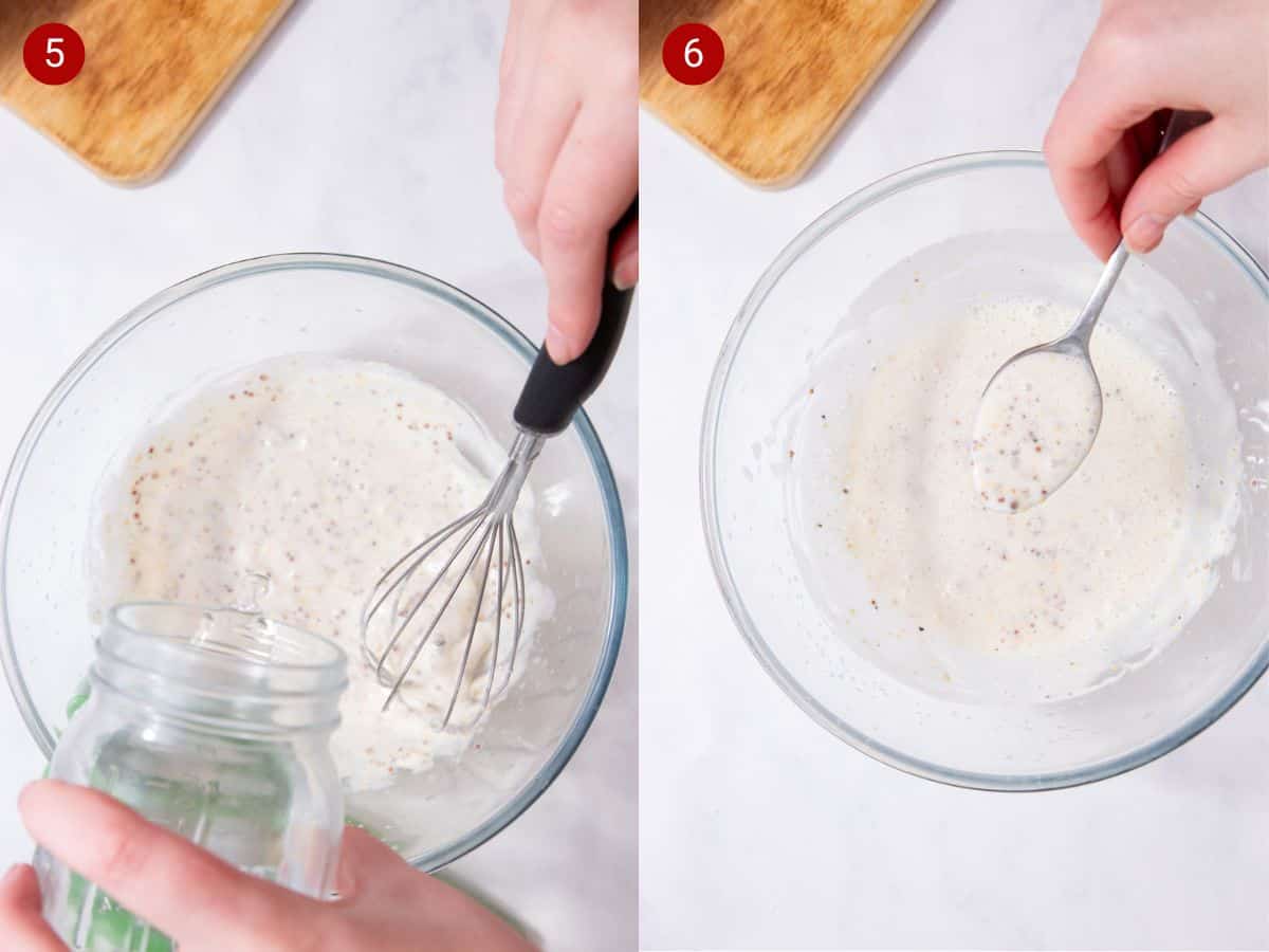 2 step by step photos, the first with the dressing in a bowl with the whisk with some water being added and the second with a spoonful of dressing held over the bowl of dressing,