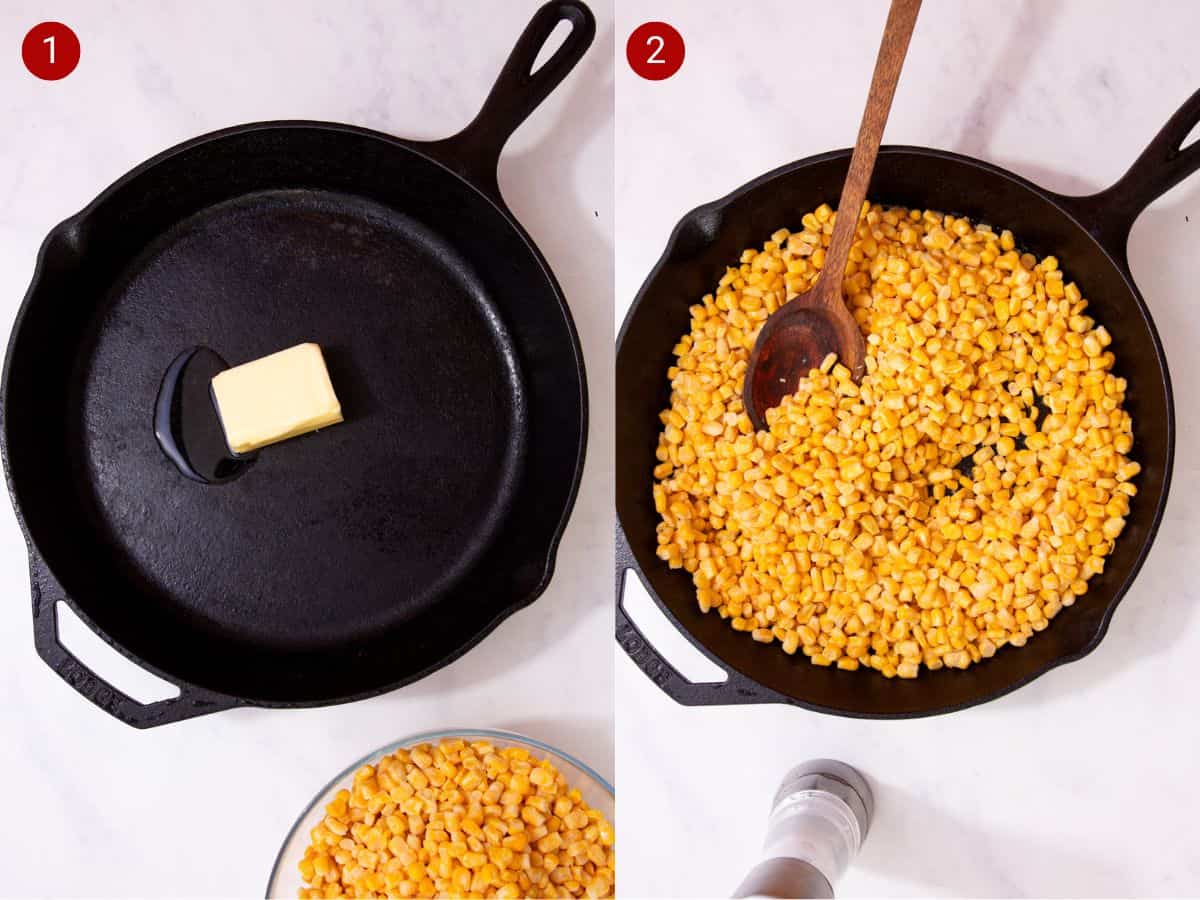 2 step by step photos, the first with butter melting in a skillet pan and the second with sweetcorn added to the pan.