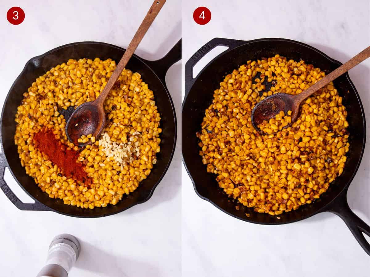 2 step by step photos, the first with spices added with the sweet corn in a skillet pan and the second with sweetcorn browned in the pan.