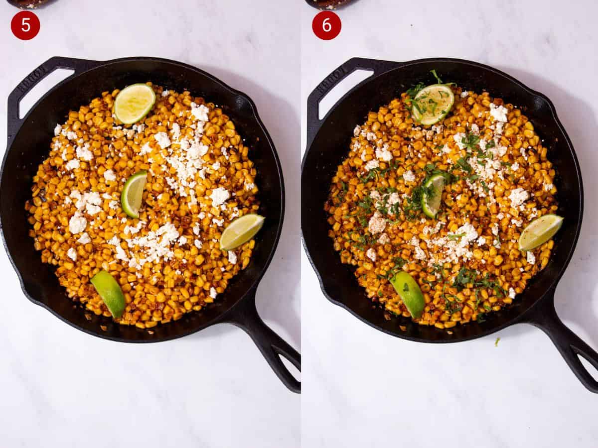 2 step by step photos, the first with the roasted sweetcorn with crumbled feta and lime wedges in a skillet pan and the second with chopped coriander added.
