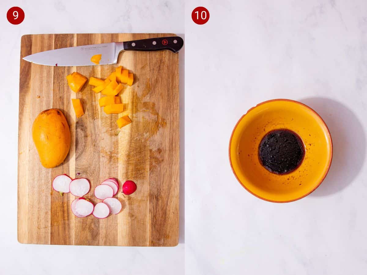 2 step by step photos, the first with chopped mango on a chopping board and the second with a bowl of dark dressing.