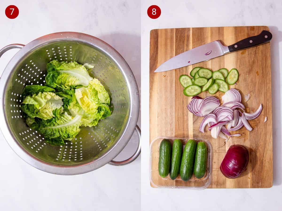 2 step by step photos, the first with lettuce leaves in a colander and the second with sliced red onion and mini cucumbers on a chopping board.